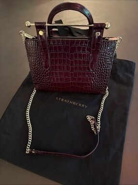 Strathberry Wine Croc-Embossed Top-Handle Satchel with Gold Bar